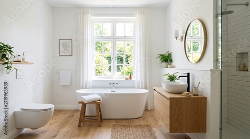 Fotografie Modern bright bathroom interior with freestanding bathtub and.