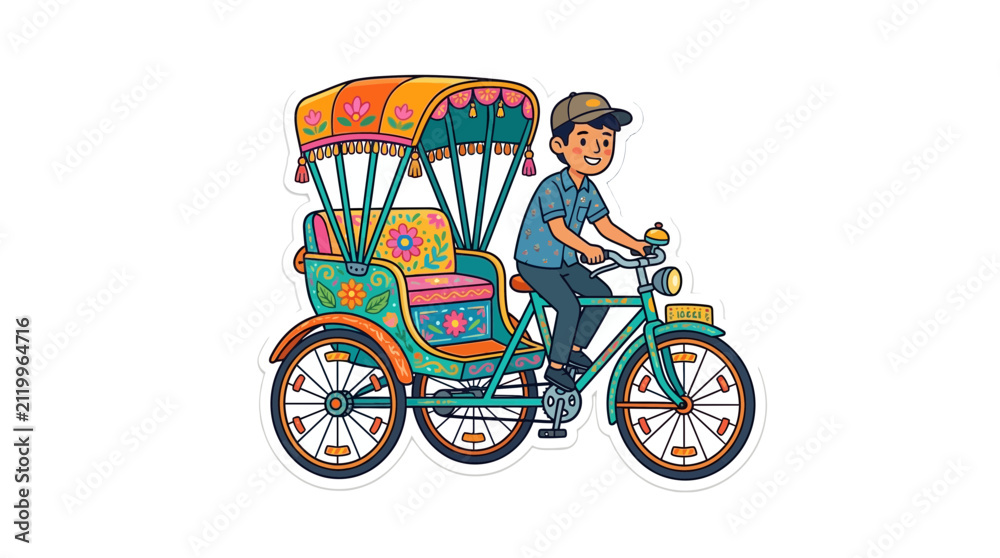 Fototapeta premium Colorful Cartoon Illustration of a Traditional Rickshaw Rider with Floral Patterns