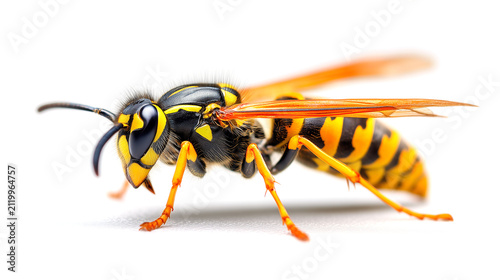 Close view of a wasp showing details of body and wings on a gray background