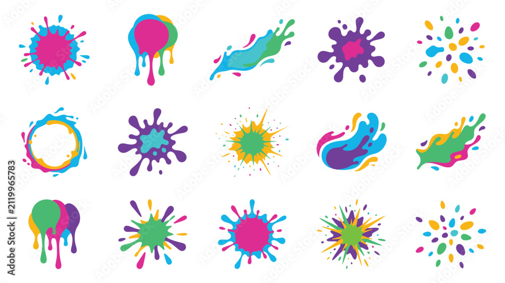 Fototapeta premium Colorful paint splashes set, abstract liquid drops and ink blot collection.