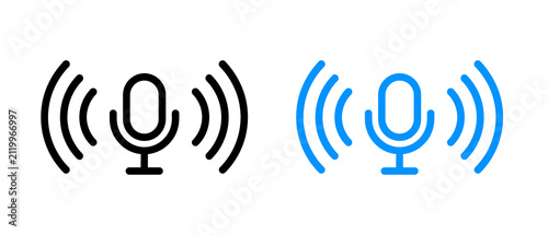 Картината върху платно Black and blue microphone icons with sound waves for podcasting and live streami