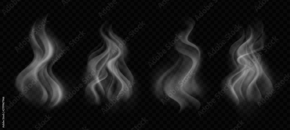 Obraz premium Hot coffee smoke effect with transparent water steam on black background. Realistic warm white vapor from heated tea cup. Isolated PNG overlay for abstract food and drink designs.