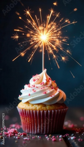 Mini cupcake topped with a sparkling firework , festive, candle