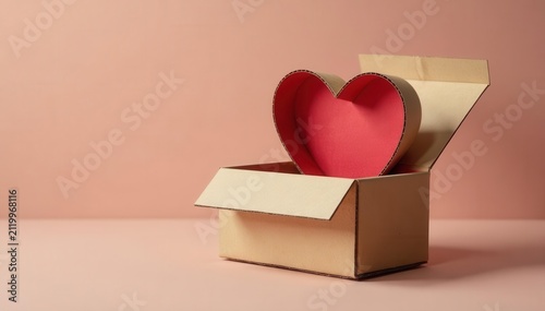 Open heart cardboard box, wood excelsior filling Pastel brown background , cardboard, design