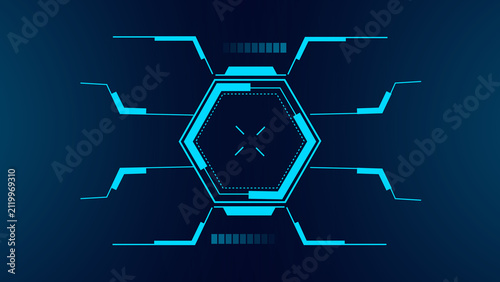 Cyan hexagonal HUD element with crosshairs and bars. This cyan hexagonal HUD element serves as a technology graphic. Cyan hexagonal HUD element for scifi screens.