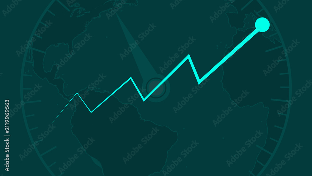 Fototapeta premium Teal upward trend line graph over earth radar. This teal upward trend line graph visualizes financial growth. Teal upward trend line graph for global reports.