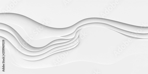 Minimalist abstract layered white gray wavy contours resembling topographic paper cutouts with smooth textured background