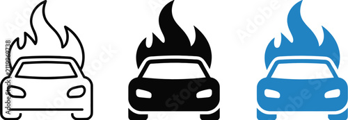Car fire icon, featuring a vehicle engulfed in flames and smoke, representing hazard, danger, emergency, accident, and safety warning with a detailed high-quality vector illustration for road safety.