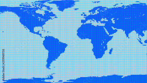 Dotted world map in blue tones background. This dotted world map visualizes global connectivity. Dotted world map for international technology and business themes.