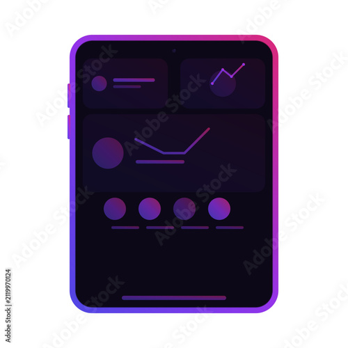 Dark mode mobile app dashboard interface with analytics charts and graphs isolated on transparent background