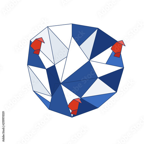 Low poly geometric abstract sphere or crystal with blue white facets and red accents isolated on transparent background