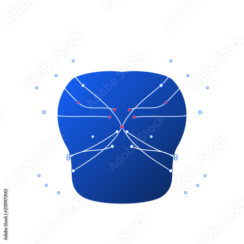 Blue gradient human head silhouette with neural network lines and nodes representing AI, artificial intelligence, facial recognition, and technology concepts isolated on white background