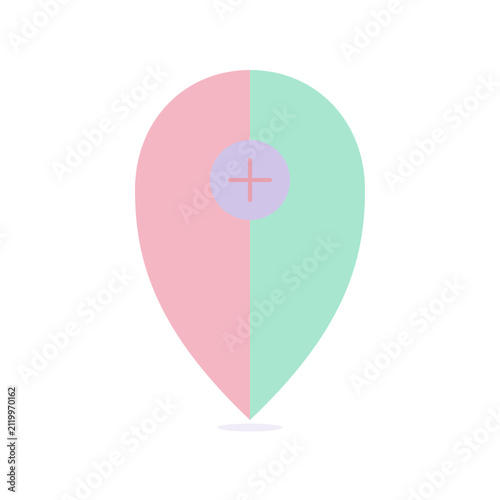 Pastel split-color map pin icon with plus sign. Add location marker isolated on transparent background. Flat vector illustration.