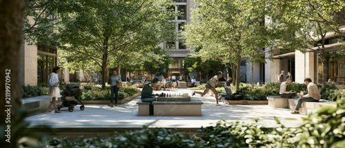 Sunlit plaza buzzes with quiet activity