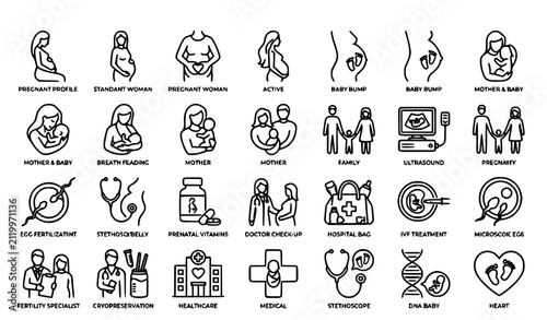 Motherhood Pregnancy Hand Drawn Silhouette Vector Illustration Set