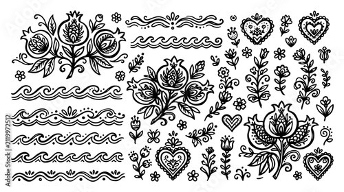 Pomegranates and hearts with floral border dividers in a decorative folk art style