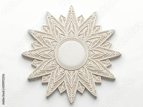 Decorative circular wall medallion with intricate floral carvings and starburst design isolated on white background