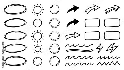 Circle oval and arrow graphic symbols collection in minimalist sketch style
