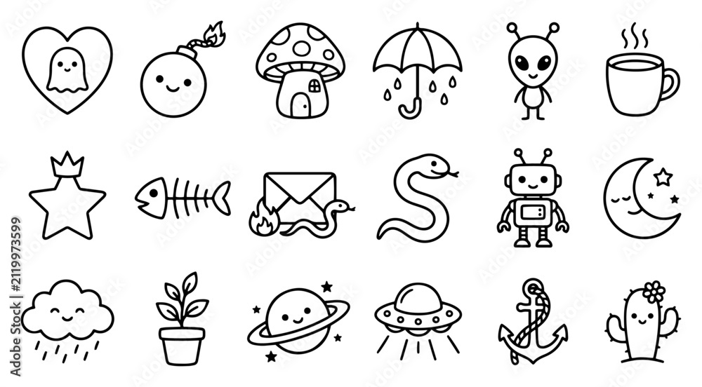 Obraz premium Cartoon icons including aliens robots planets and everyday objects in a cute doodle style