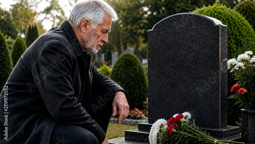  Senior man kneeling by headstone in cemetery. Mournful husband visiting grave with flowers. Concept of grief, loss, funeral, memory, remembrance, sadness and respect for loved one.
