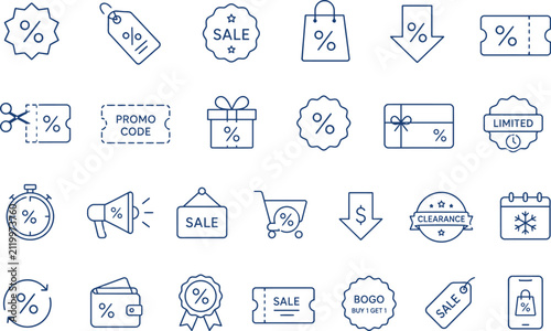 Sale and Discount Line Icons Set – Shopping, Coupon, Promo Code, Clearance, Discount Badge and Retail Vector Collection