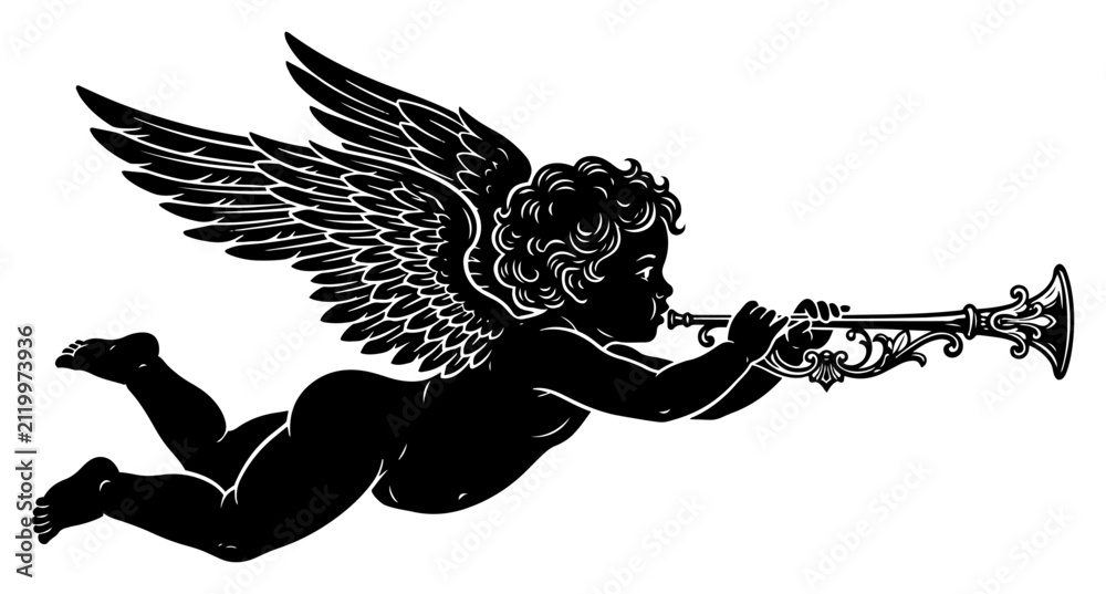 Naklejka premium Cherub silhouette playing a trumpet with feathered wings in vintage classic style