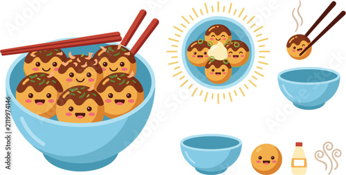 Foto Cute kawaii takoyaki octopus balls vector set with happy smiling faces blue bowl