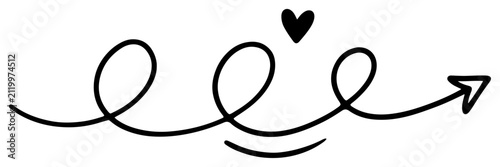 Curly arrow with a small heart symbol in minimalist doodle style