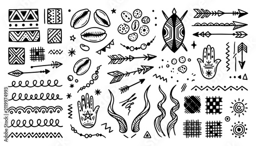 African ethnic symbols including cowrie shells arrows and tribal borders in a hand drawn style