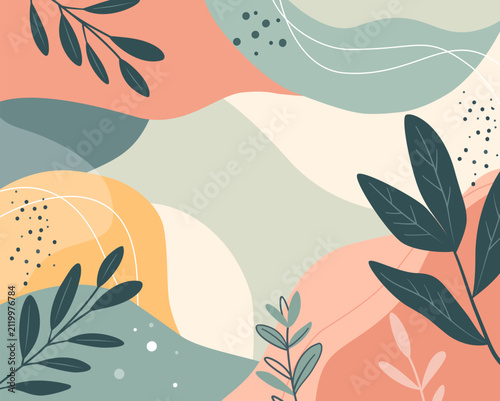 Modern abstract floral background with pastel organic fluid shapes, leaves, lines, and foliage vector illustration for social media or cover design.