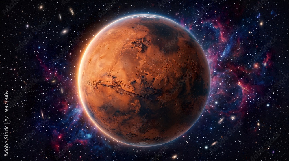 Naklejka premium Majestic planet mars glowing in deep space filled with colorful nebula clouds and distant star fields.
