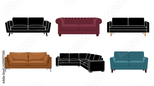 Canvastavla Set of Sofa Vector Illustrations Featuring Modern Fabric Sofa, Classic Chesterfi