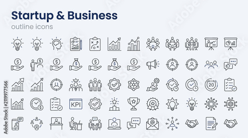 A grid of sixty monochrome lineart icons representing startup and business concepts on a light background