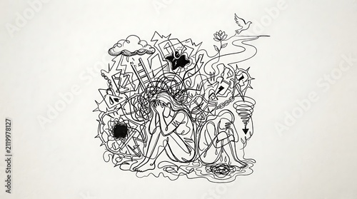 Conceptual line art illustration depicting mental health struggles and inner emotional turmoil of people.