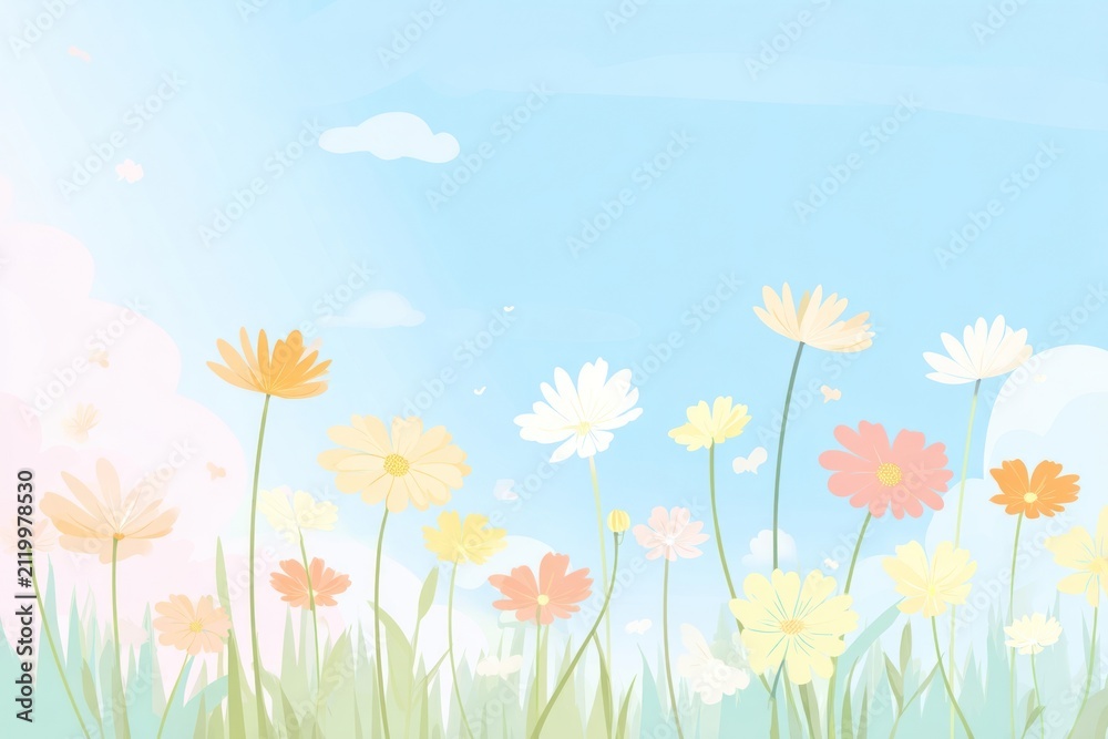 Obraz premium Illustration of colorful daisies under a bright blue sky with clouds.