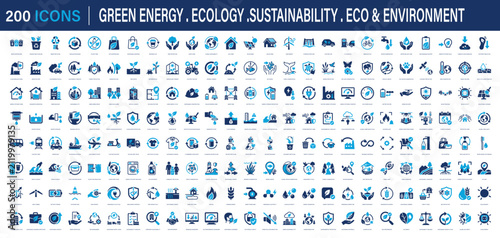 Huge set of 200 solid icons. Mega collection concept of sustainability, green energy ecology, eco friendly environment, renewable solar power, climate change safe protection. Vector illustration