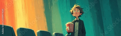 Man that is standing in front of a chair movie theater banner copy space