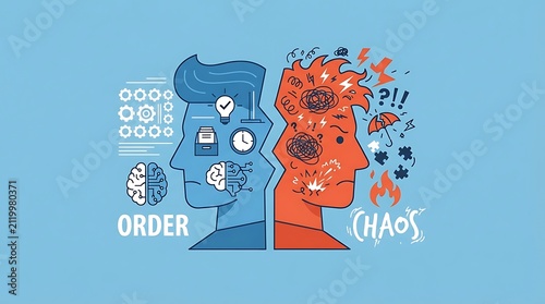 Conceptual illustration showing the contrast between mental order and chaotic thoughts in human mind.