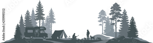 Camping scene silhouette with recreational vehicle tent and forest backdrop