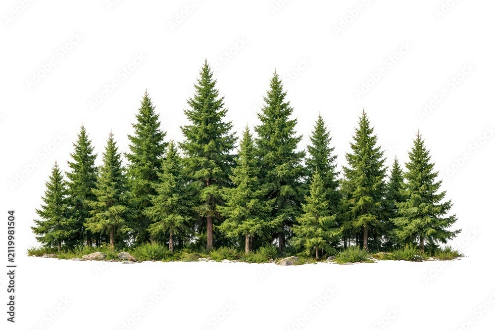 Fototapeta premium Lush evergreen forest isolated on white background.
