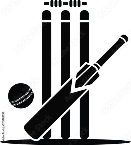 Cricket bat, ball, stump, and bails icon, representing sports equipment, gameplay, cricket matches, athletic competition, and tournament concepts with clean modern vector illustration for logos.