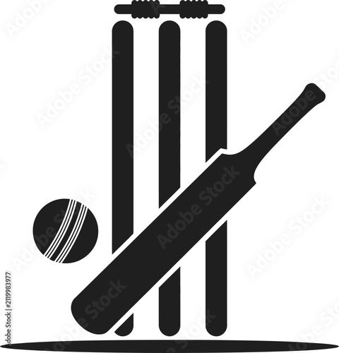 Cricket bat, ball, stump, and bails icon, representing sports equipment, gameplay, cricket matches, athletic competition, and tournament concepts with clean modern vector illustration for logos.