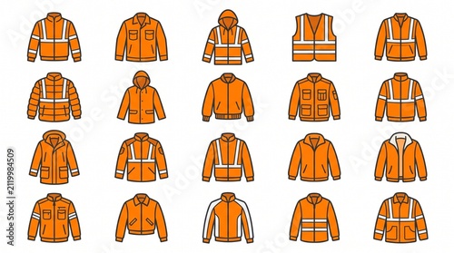 twenty orange work jackets and high visibility safety vests vector icon set on white background