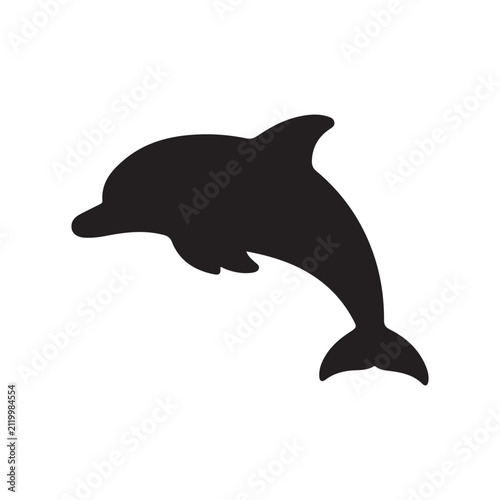 A clean, black silhouette of a dolphin leaping