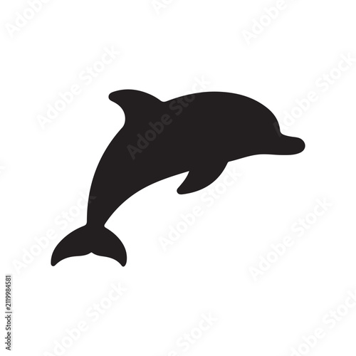 A clean, black silhouette of a dolphin leaping