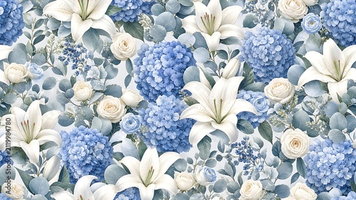 Classic Blue Hydrangea Garden Floral Seamless Pattern