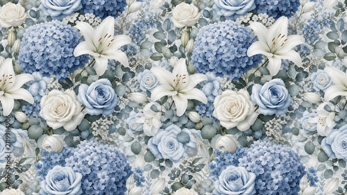 Elegant Blue Rose Lily Seamless Floral Pattern Design