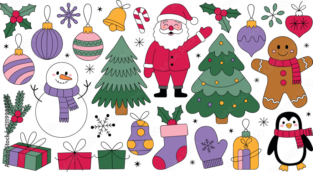 Fototapeta premium Christmas Vector Element Set with Santa Claus, Snowman, Penguin, and Holiday Decorations for Winter Greeting Cards, Festive Stickers, and Graphic Design Projects