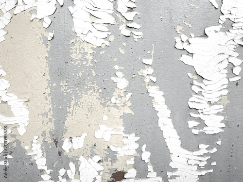 Cuadro en lienzo White peeling Paint reveals broad grey and beige layers across cracked Concrete Wall