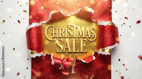 Torn Red Wrapping Paper Revealing Golden Christmas Sale Text with Confetti and Sparkle
